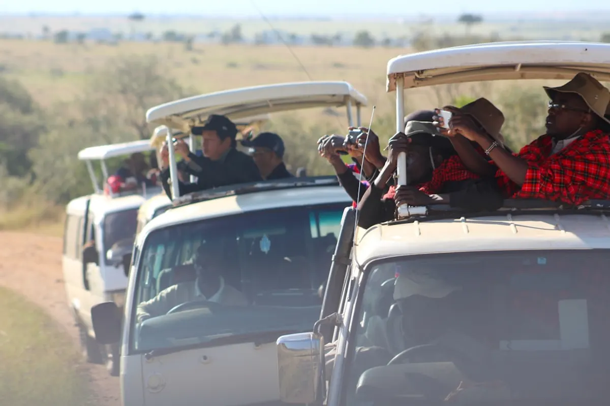 Travellers standing in a safari pickup truck photographing wildlife
