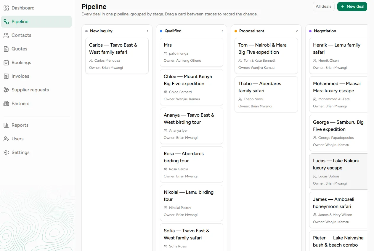 Savanna Sync pipeline board with safari deals grouped by stage
